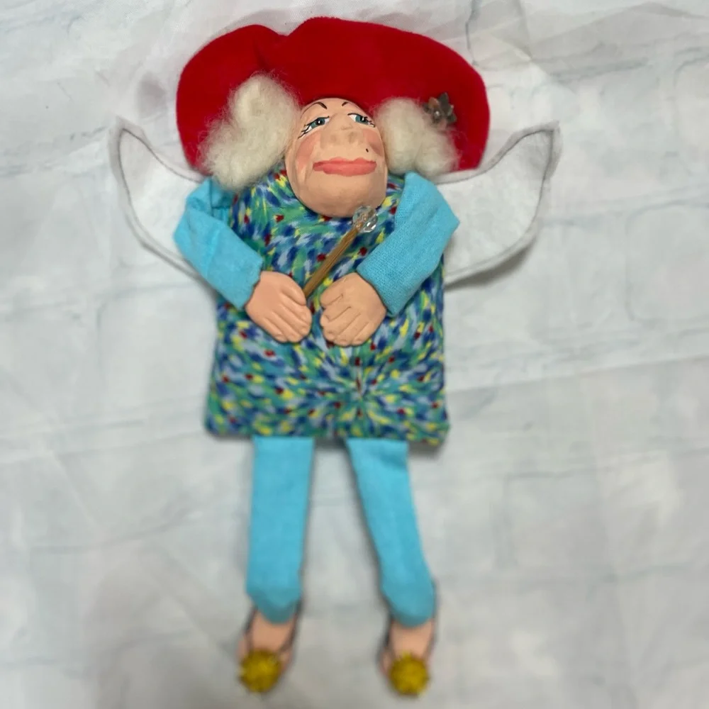 Christmas Angel Red Hat Flip Flip Hanging Lady Ornament‎ Clay Face Hands Feet